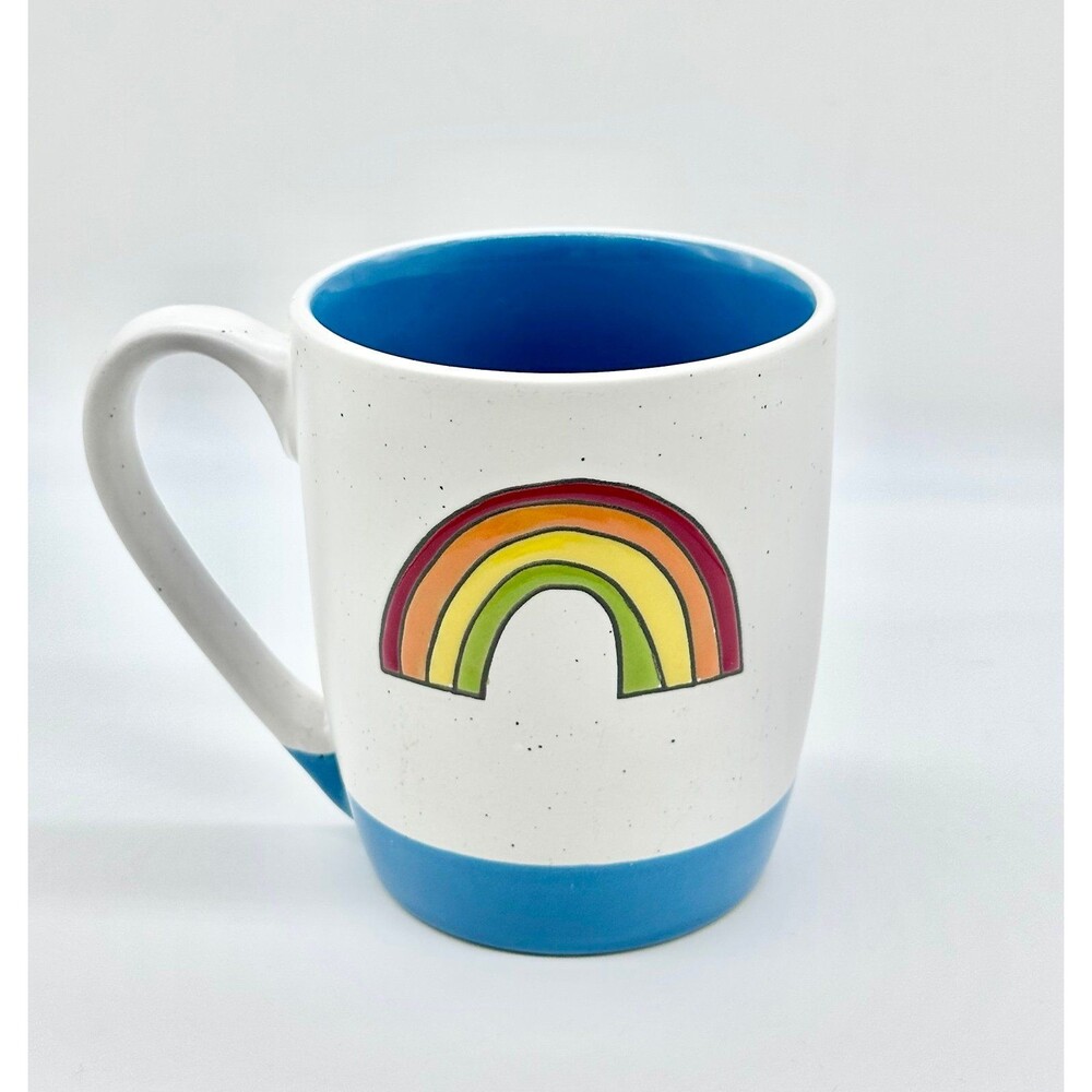White Ceramic Coffee Mug Speckled Finish, Rainbow Blue Interior